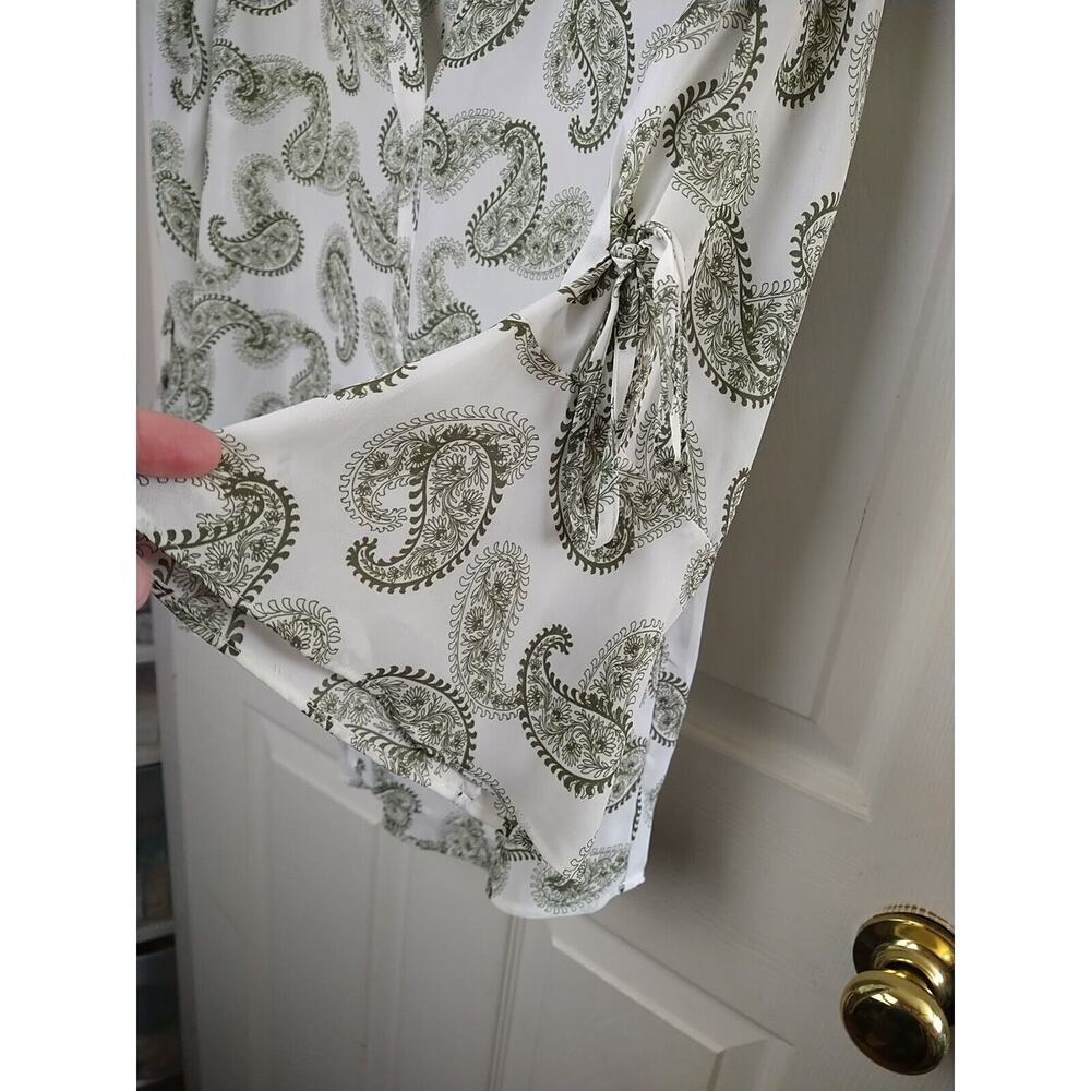 41Hawthorn Green White Paisley V Neck Belle Flare Tie Sleeves Sheer. Size M - Picture 5 of 11